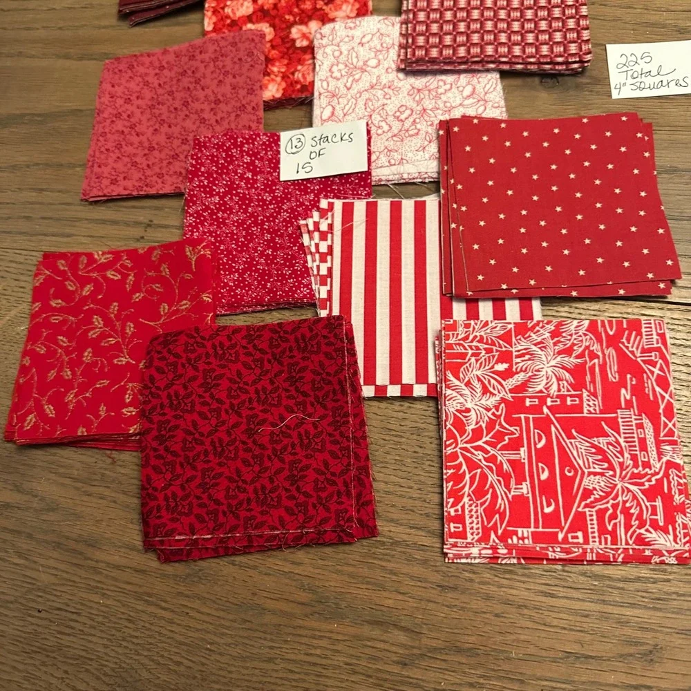 225 Red Burgundy 4 Inch Quilt Squares Fabric Scraps Lot Floral Stars Dots Stripe